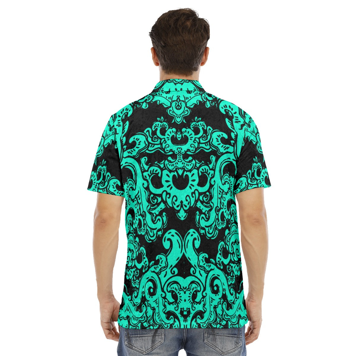 Teal & Black Baroque Pattern Men's Polo Shirt | Velvet