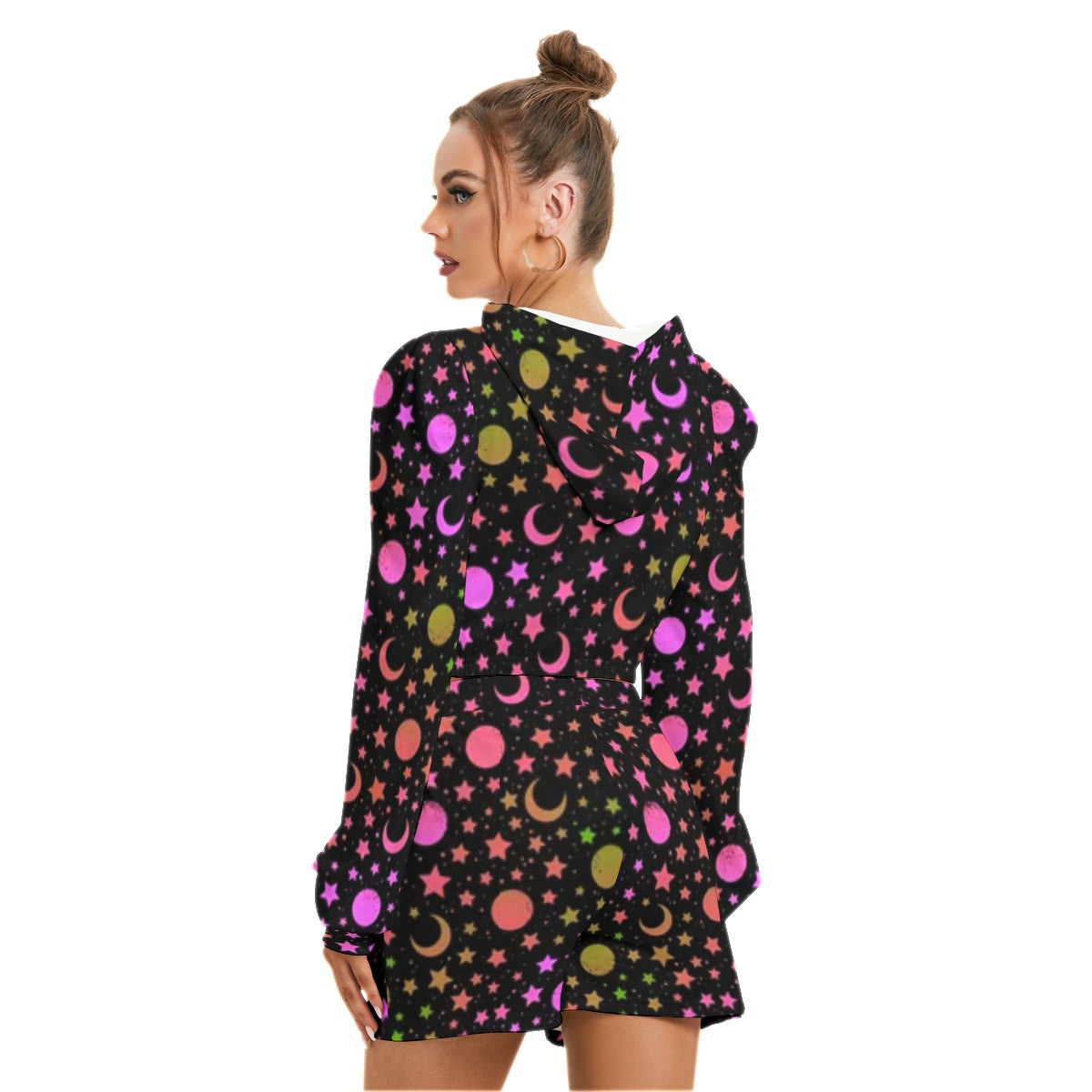 Mystical Pattern With Moon & Stars Women's Mirco Fleece Hoodie And Shorts Set