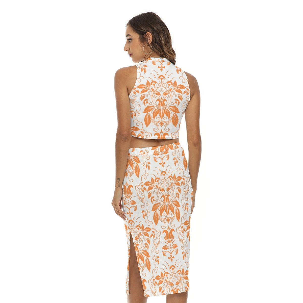 Orange With White Vintage Flowers Women's Tank Top & Split High Skirt Set