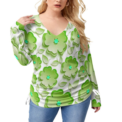 Green Sakura Flowers & Leaves Women’s V-neck T-shirt With Side Drawstring(Plus Size)