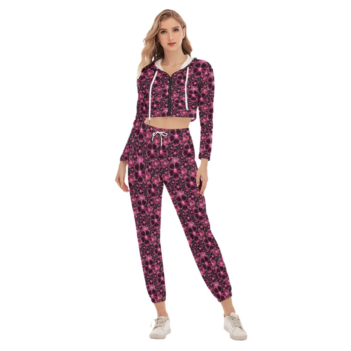 Pink Flowers Women's Crop Hoodie Sports Sets