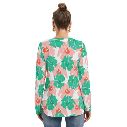 Tropical Flowers Women's Long Sleeve Neckline Tie Sweatshirt