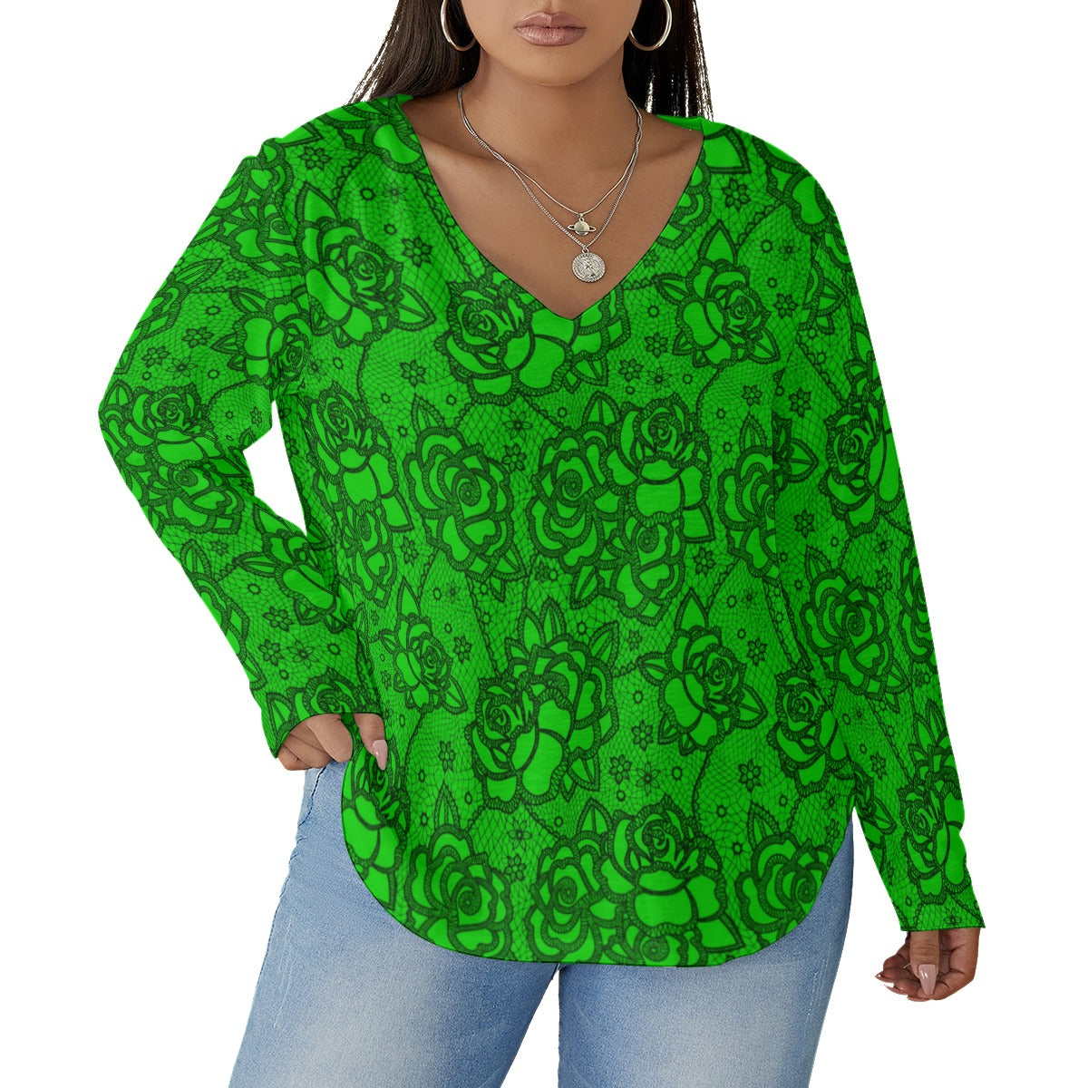 Women's Green Lace Style Roses V-neck T-shirt With Curved Hem(Plus Size)