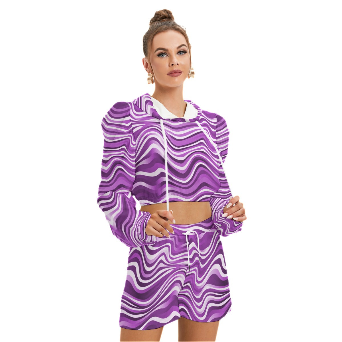 Purple Wavy Baby Women's Mirco Fleece Hoodie And Shorts Set