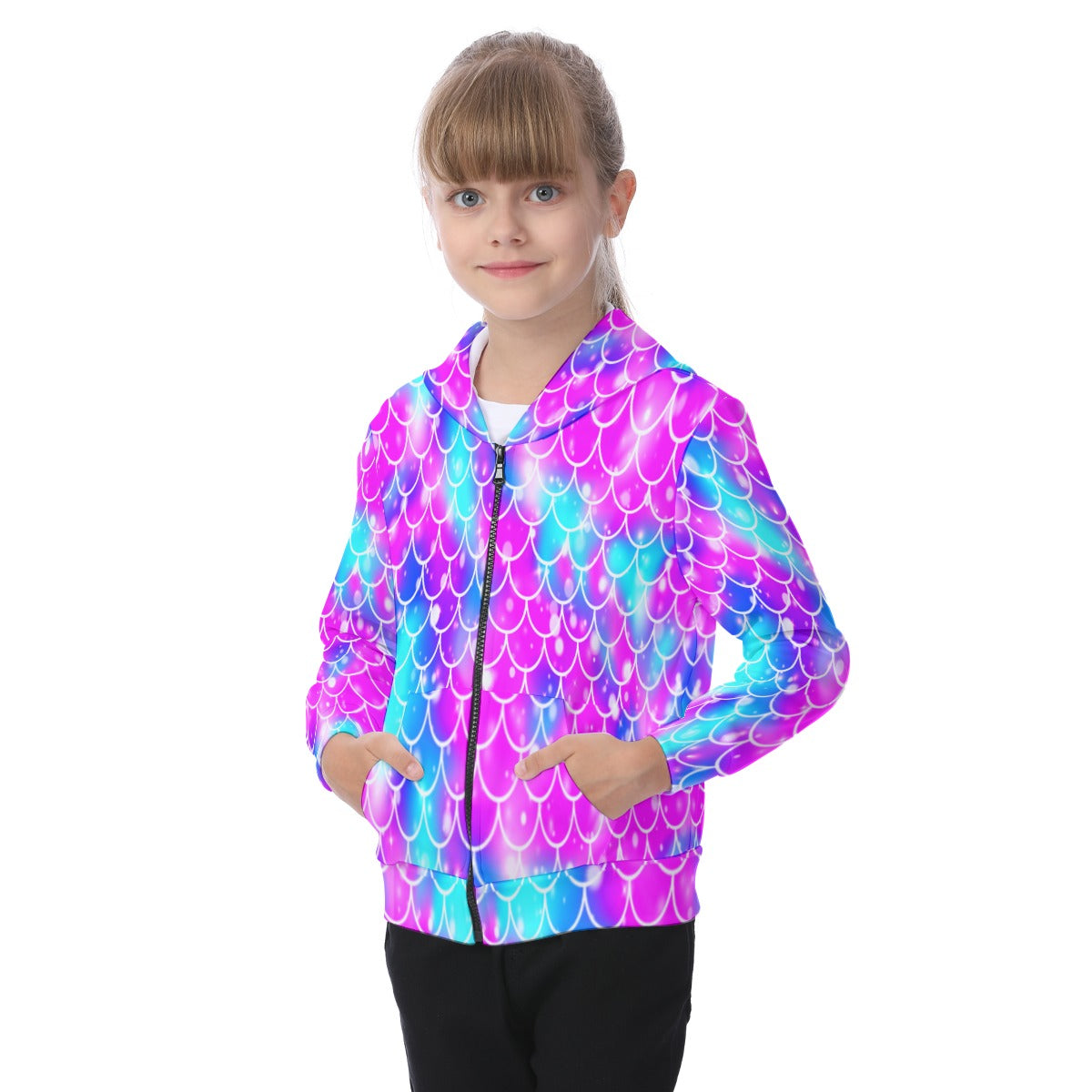 Kid's Mermaid Scales Zip-up Hoodie With Patch Pocket