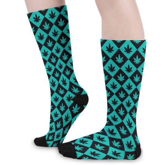 Black & Teal Stoners Only Weed Leaf Checker Board Long Socks