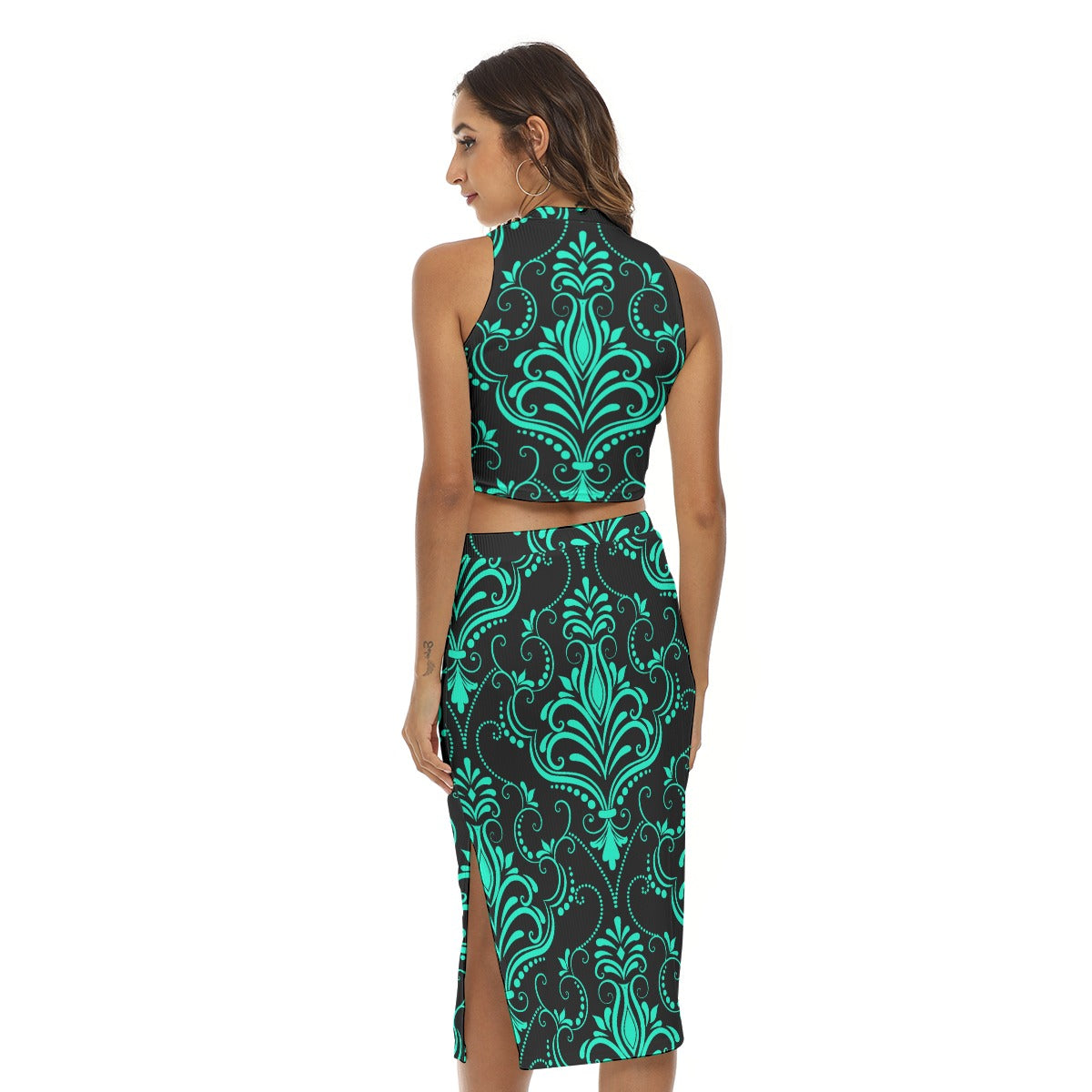 Teal With Black Vintage Flowers Women's Tank Top & Split High Skirt Set