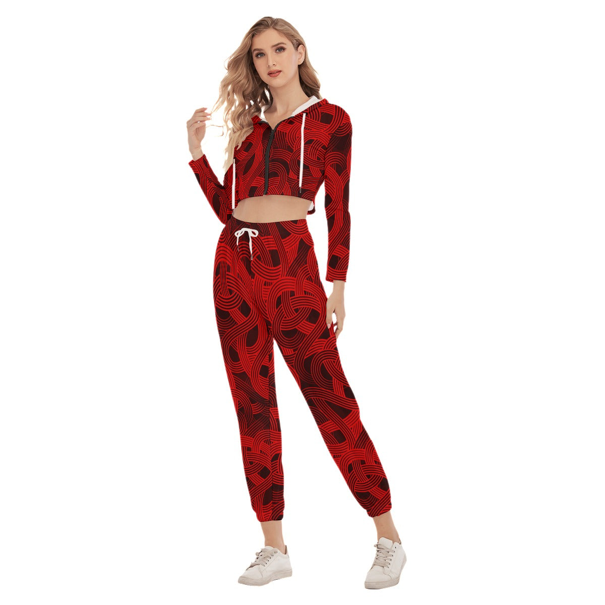 Trippy Red & Black Noodles Women's Crop Hoodie Sports Sets