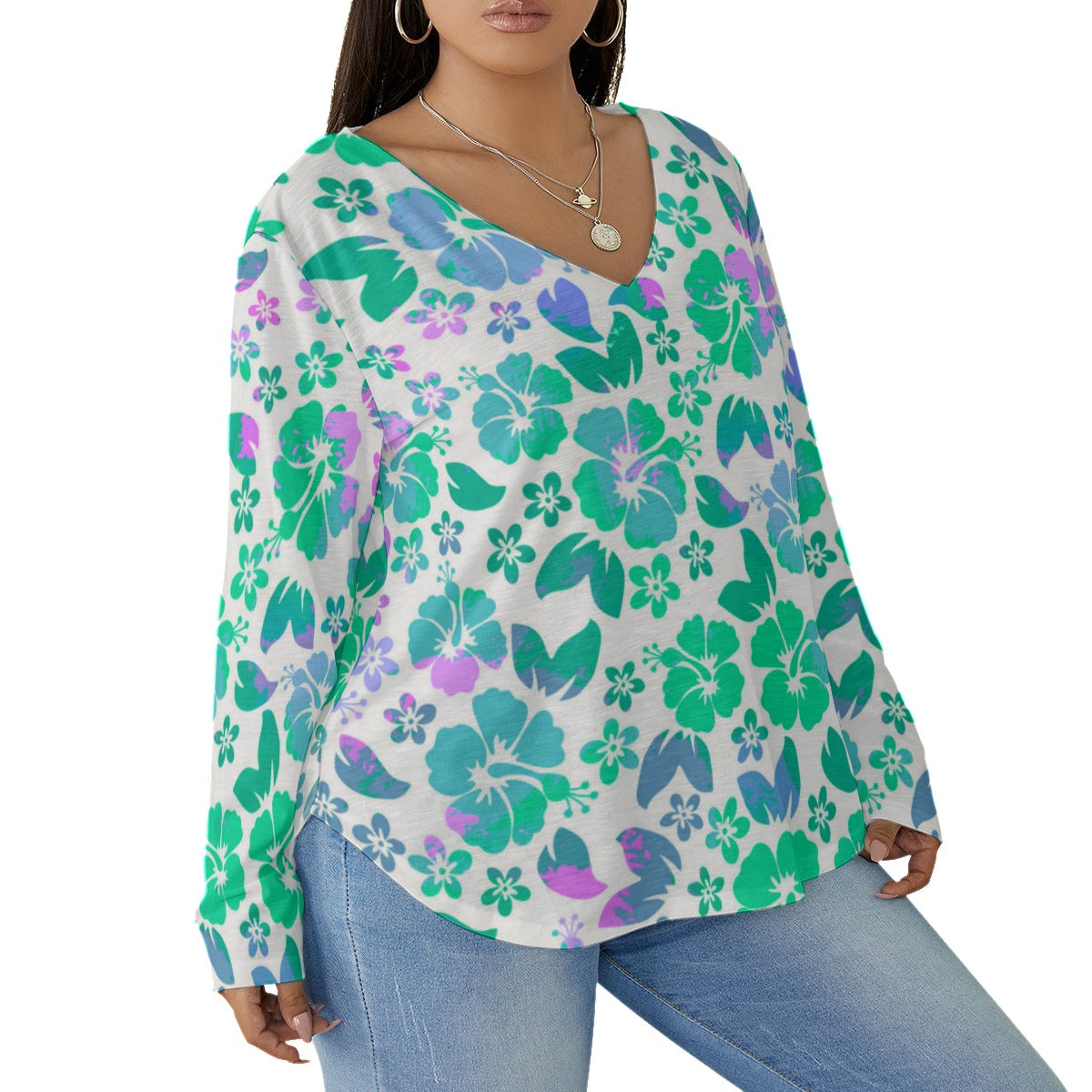 Women's Tropical Hawaiian Hibiscus Flowers V-neck T-shirt With Curved Hem(Plus Size)