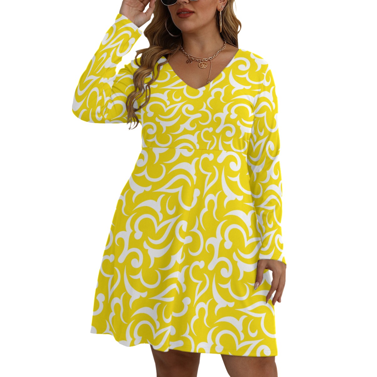 Royalty Made Yellow & White Women's V-neck Long Sleeve Dress (Plus Size)