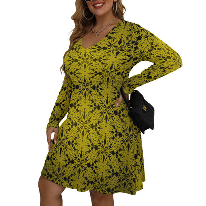 Royalty Made Yellow & Black Women's V-neck Long Sleeve Dress (Plus Size)