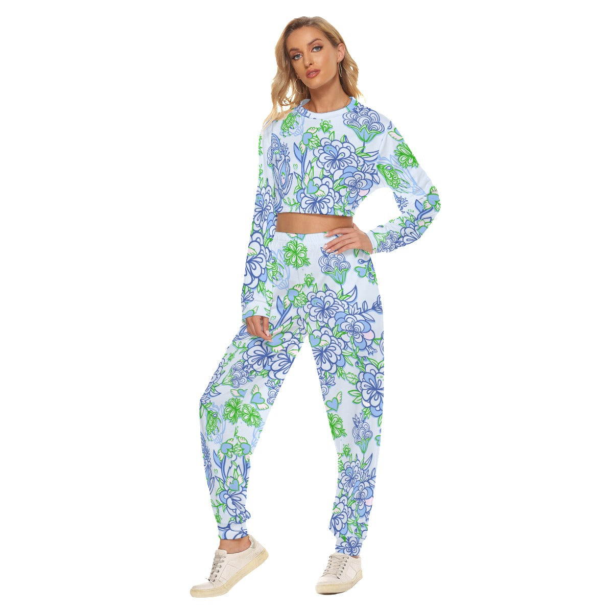 Cute Blue & Green Flowers Women's Crop Sweatshirt Suit