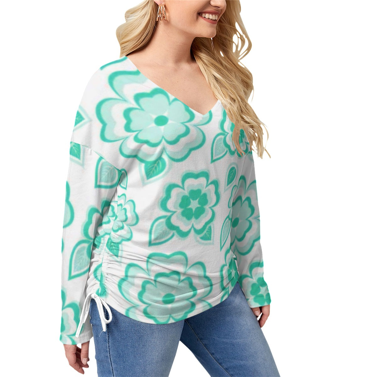 Green Sakura Flowers & Leaves Women’s V-neck T-shirt With Side Drawstring(Plus Size)