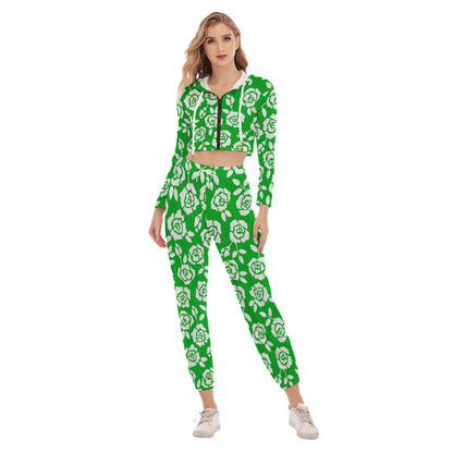 Green With White Roses Women's Crop Hoodie Sports Sets