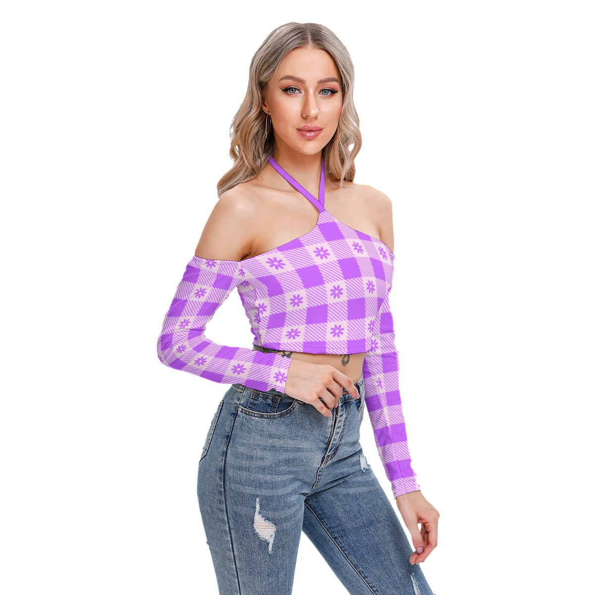 White With Purple Flowers Women's Plaid Halter Lace-up Top