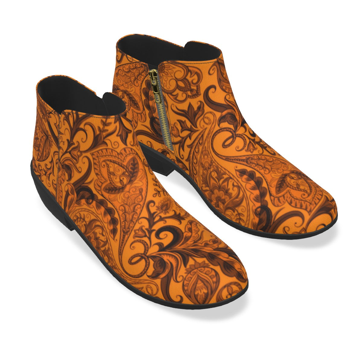 Cute Flowers Orange & Black Men's Fashion Boots