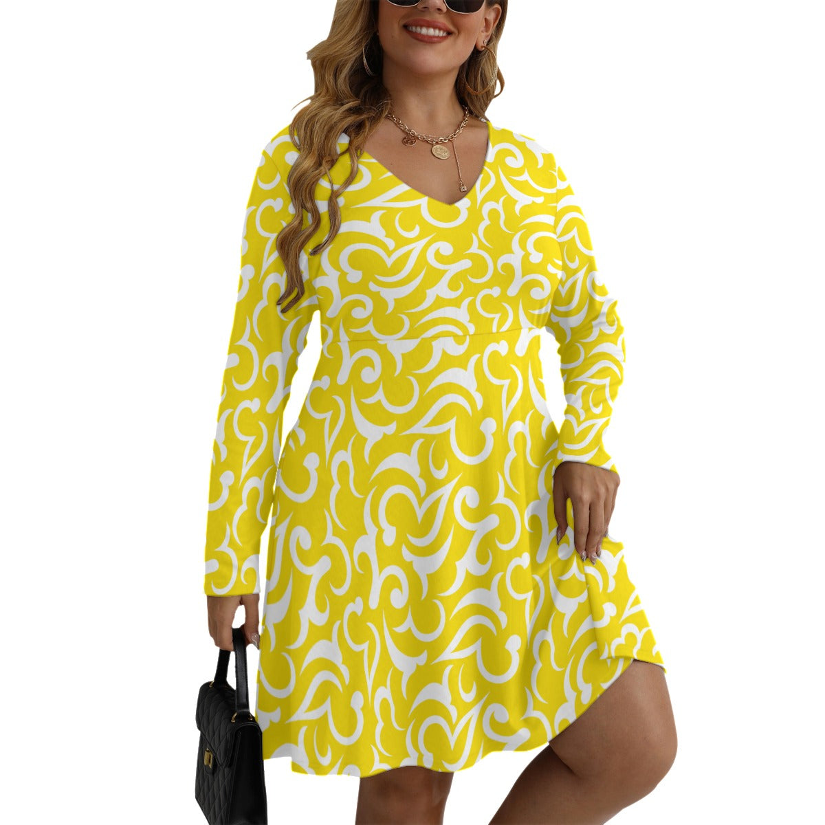 Royalty Made Yellow & White Women's V-neck Long Sleeve Dress (Plus Size)