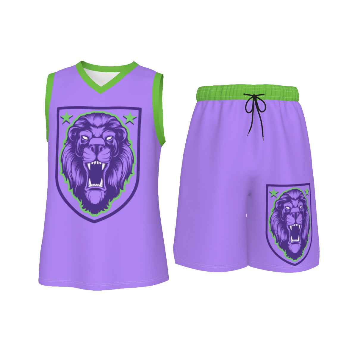 Purple & Green Lion Shield Men's V Neck Basketball Suit