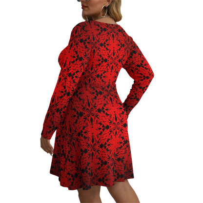 Royalty Made Red & Black Women's V-neck Long Sleeve Dress (Plus Size)