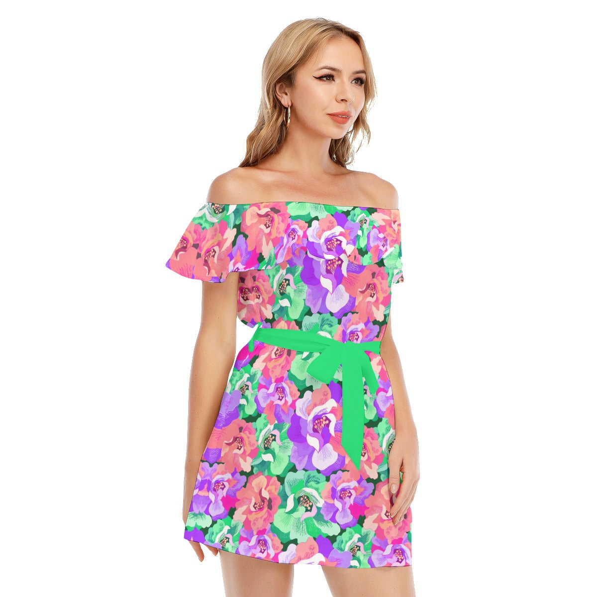 Summer Time Flowers Women's Off-shoulder Dress With Ruffle