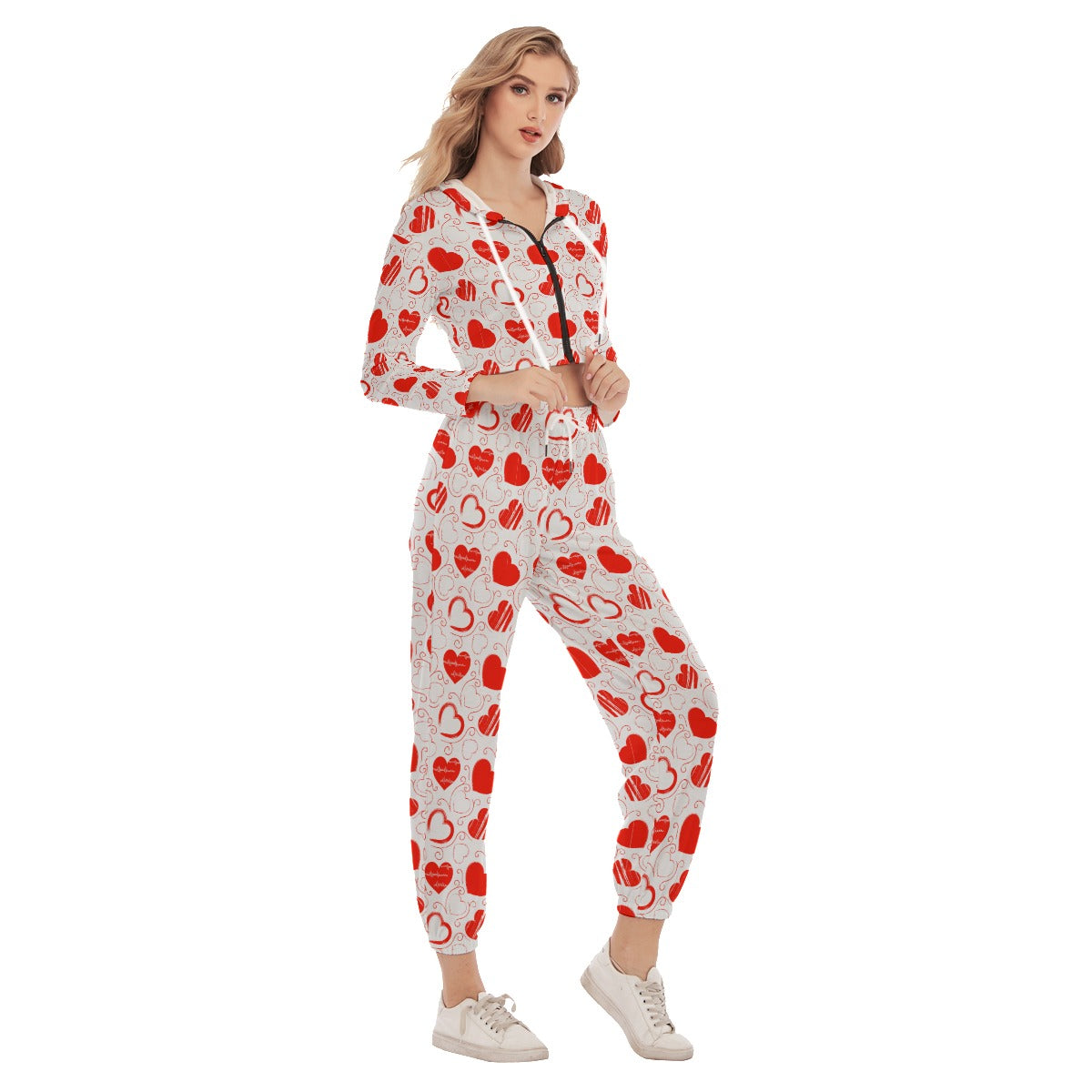 Cute Red Hearts Women's Crop Hoodie Sports Sets