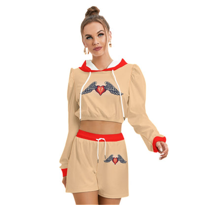 Cute Heart Love With Wings Women's Mirco Fleece Hoodie And Shorts Set