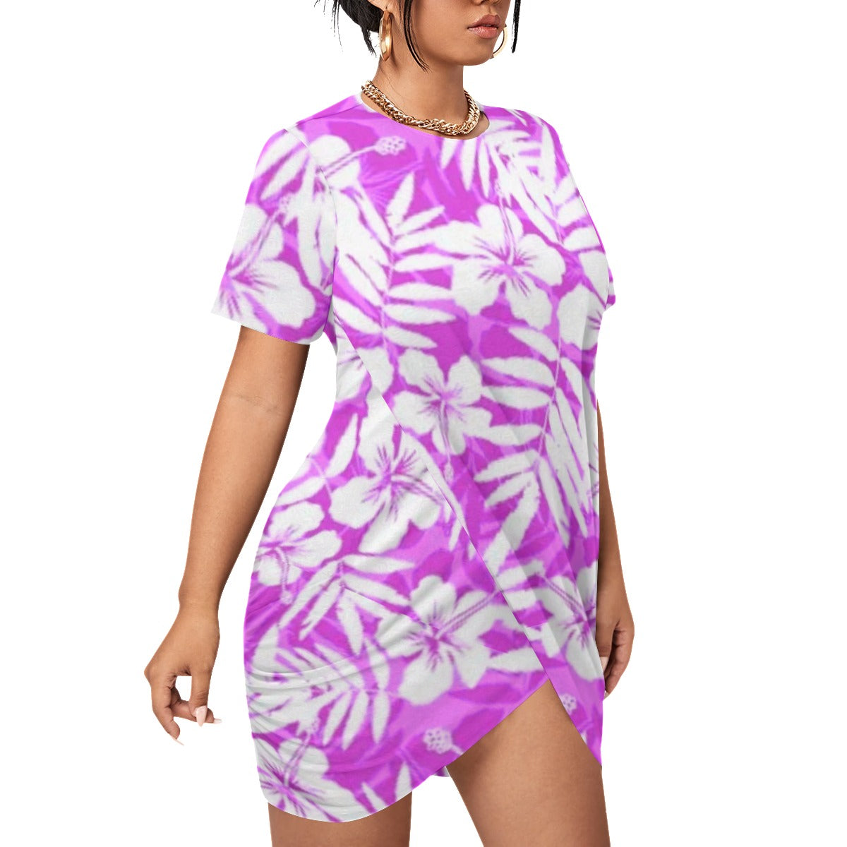 Purple Tropical Flowers Women’s Stacked Hem Dress With Short Sleeve （Plus Size）