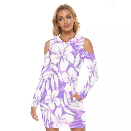 Purple & White Tropical Flowers Hooded Tight Dress