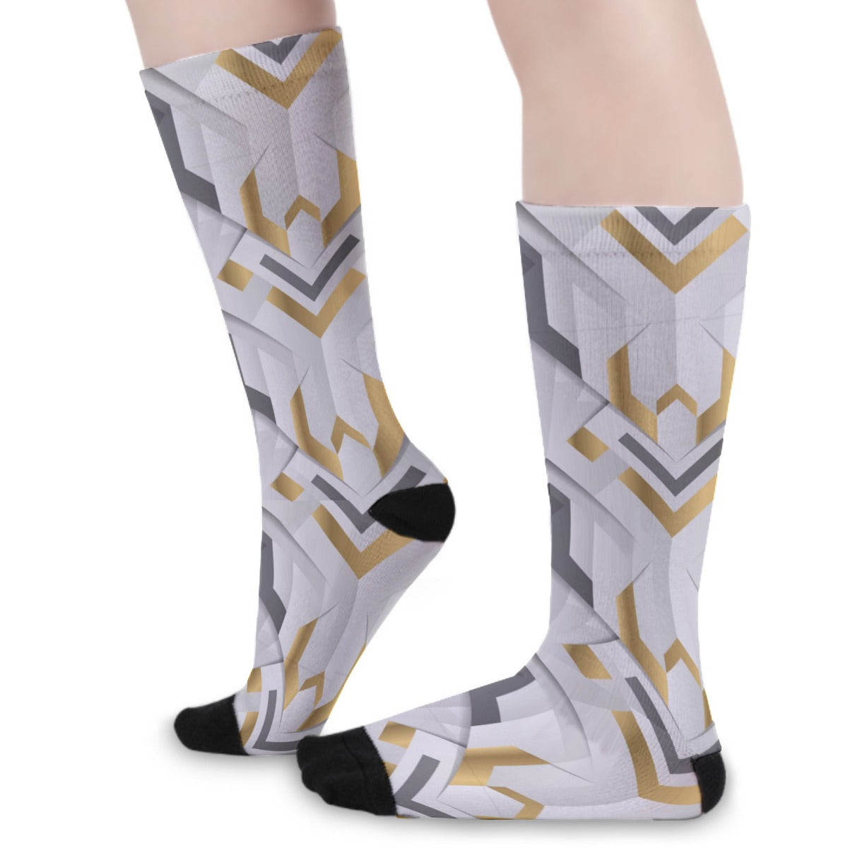 White Abstract Geometric Long Socks