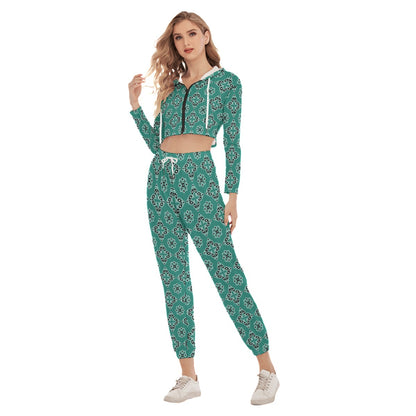 Teal Ethnic Tribal Women's Crop Hoodie Sports Sets