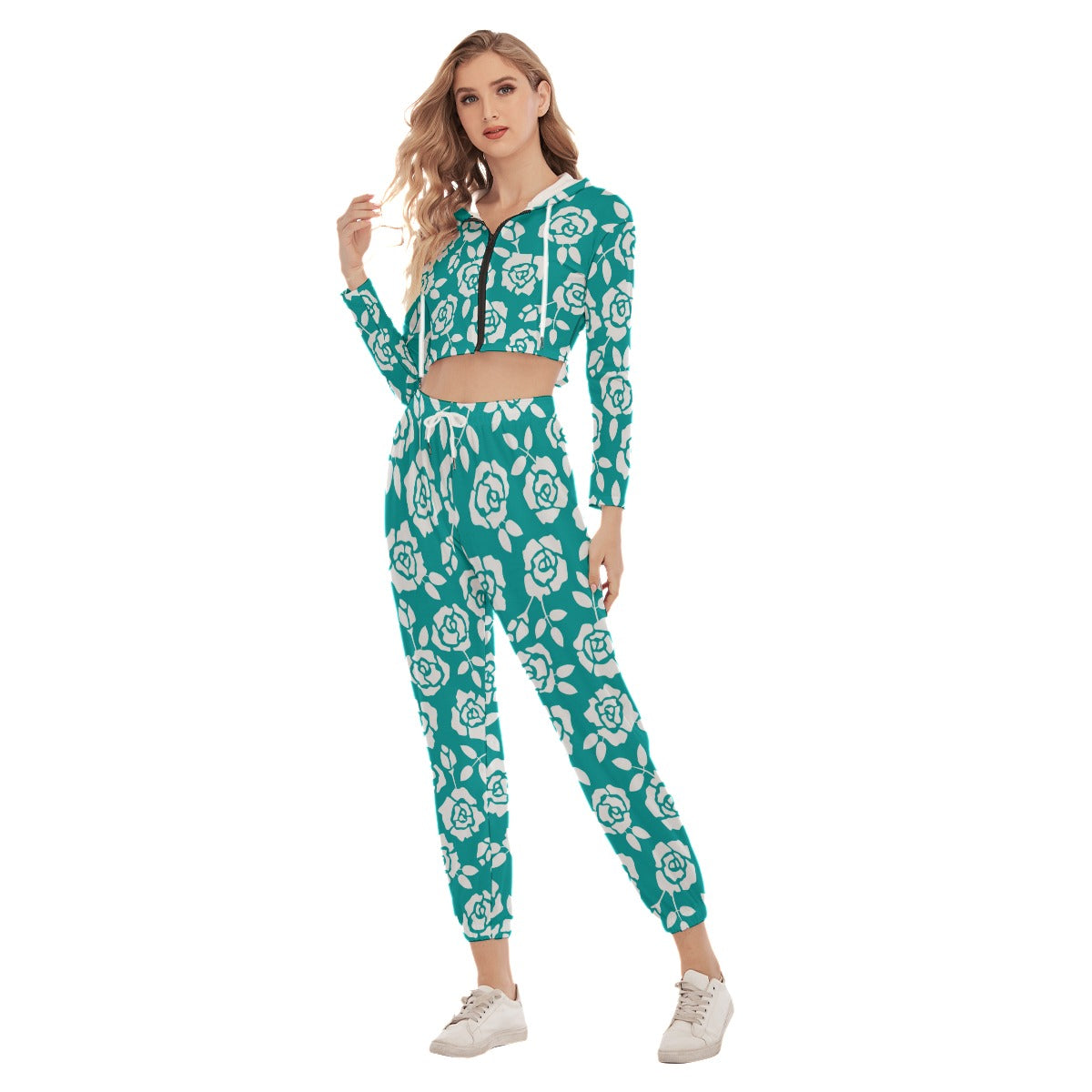 Teal With White Roses Women's Crop Hoodie Sports Sets