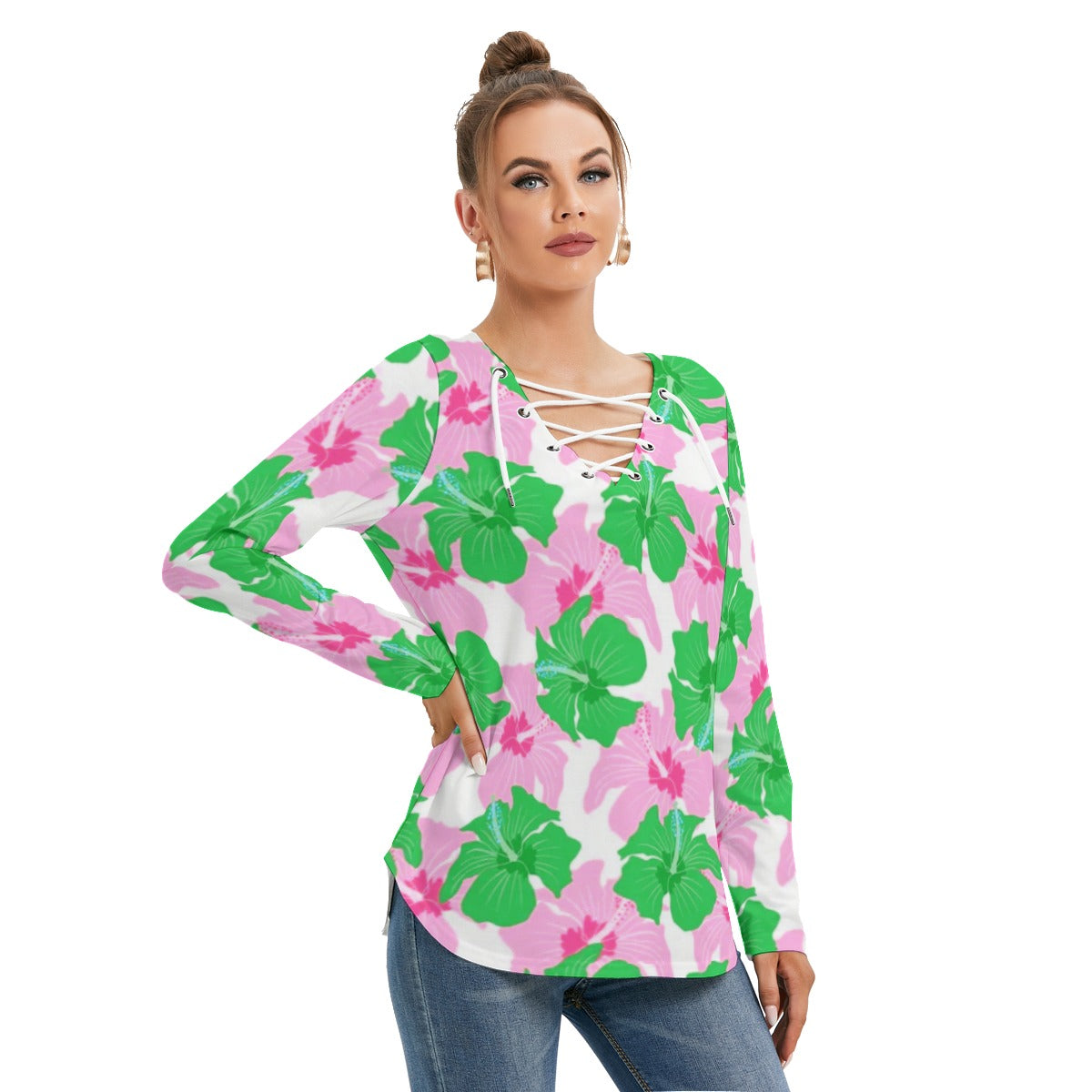 Tropical Flowers Women's Long Sleeve Neckline Tie Sweatshirt