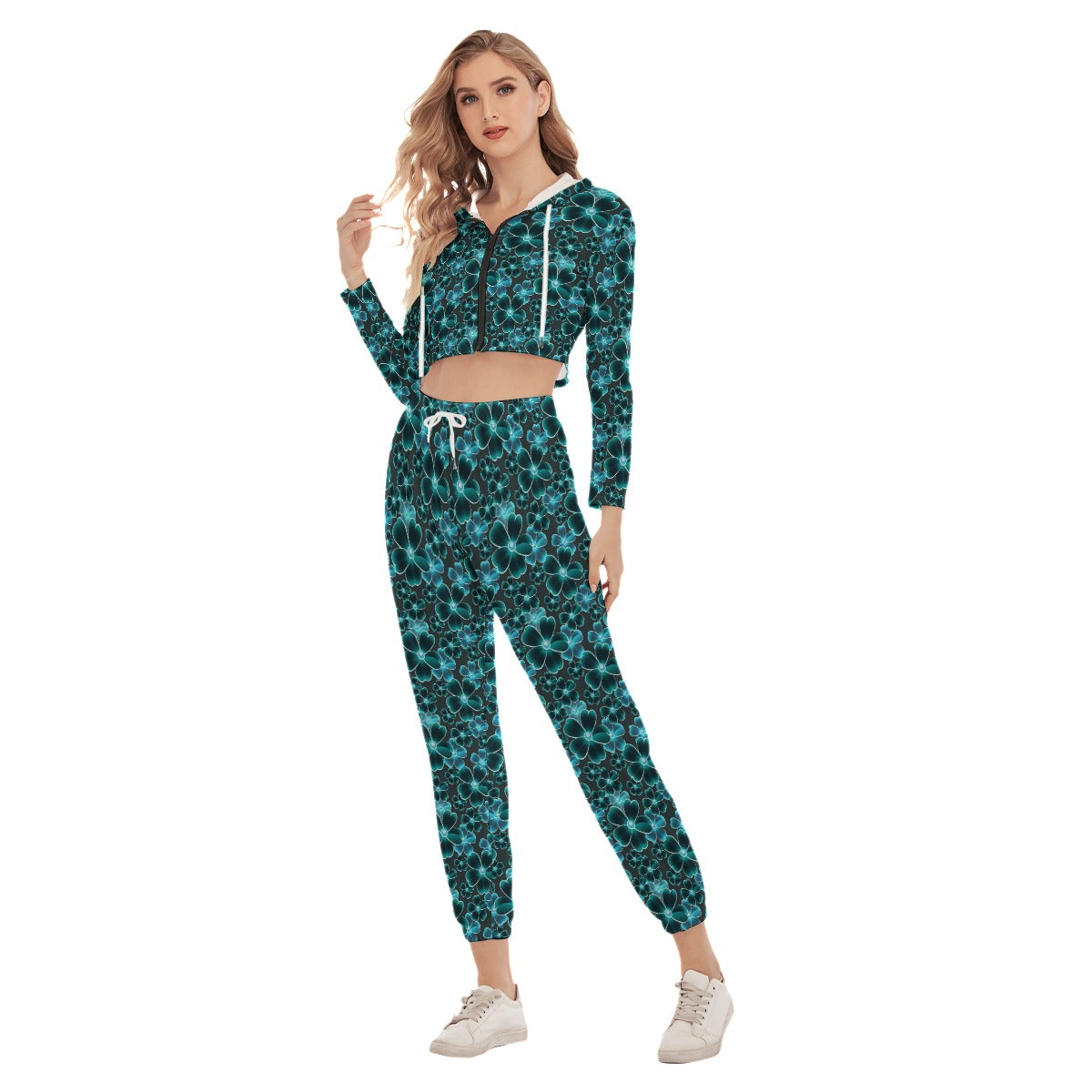 Blue Flowers Women's Crop Hoodie Sports Sets