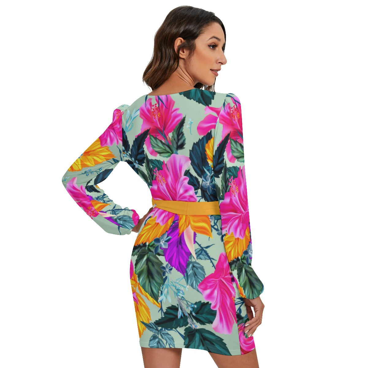 China Flowers Bright Buds Women's Long Sleeve Dress With Waist Belt