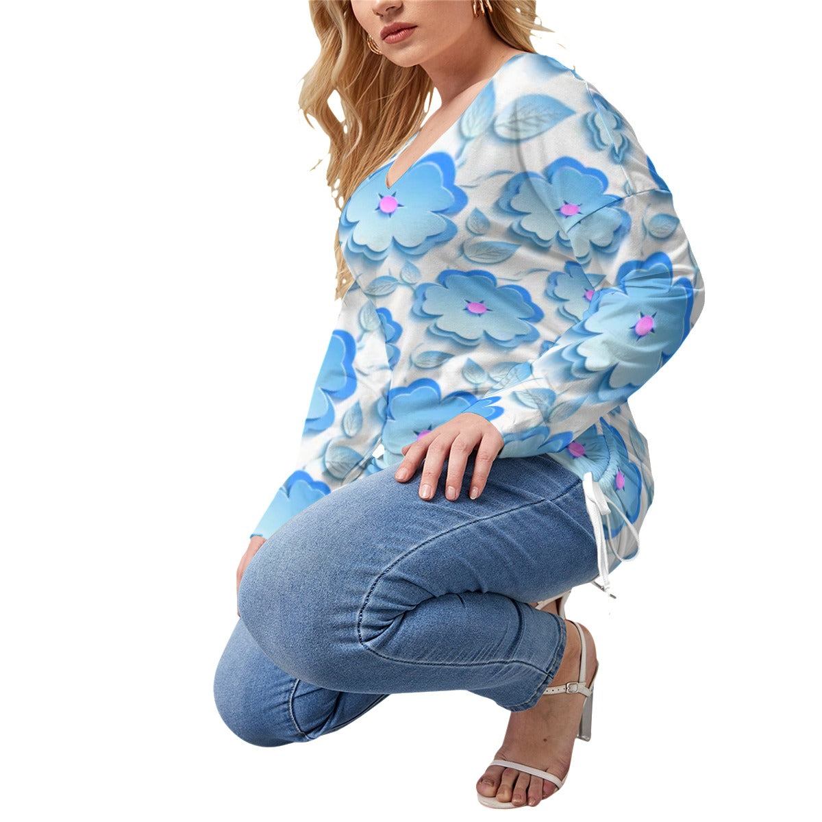 Blue Sakura Flowers & Leaves Women’s V-neck T-shirt With Side Drawstring(Plus Size)