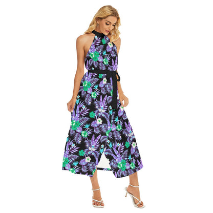 Tropical Hibiscus Women's Wrap Hem Belted Halter Dress