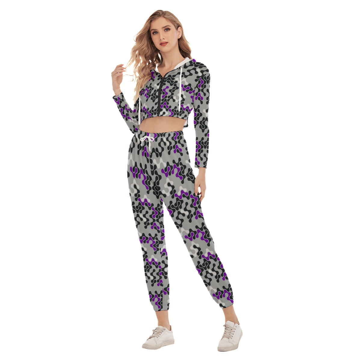 Purple, Black & White Abstract Women's Crop Hoodie Sports Sets