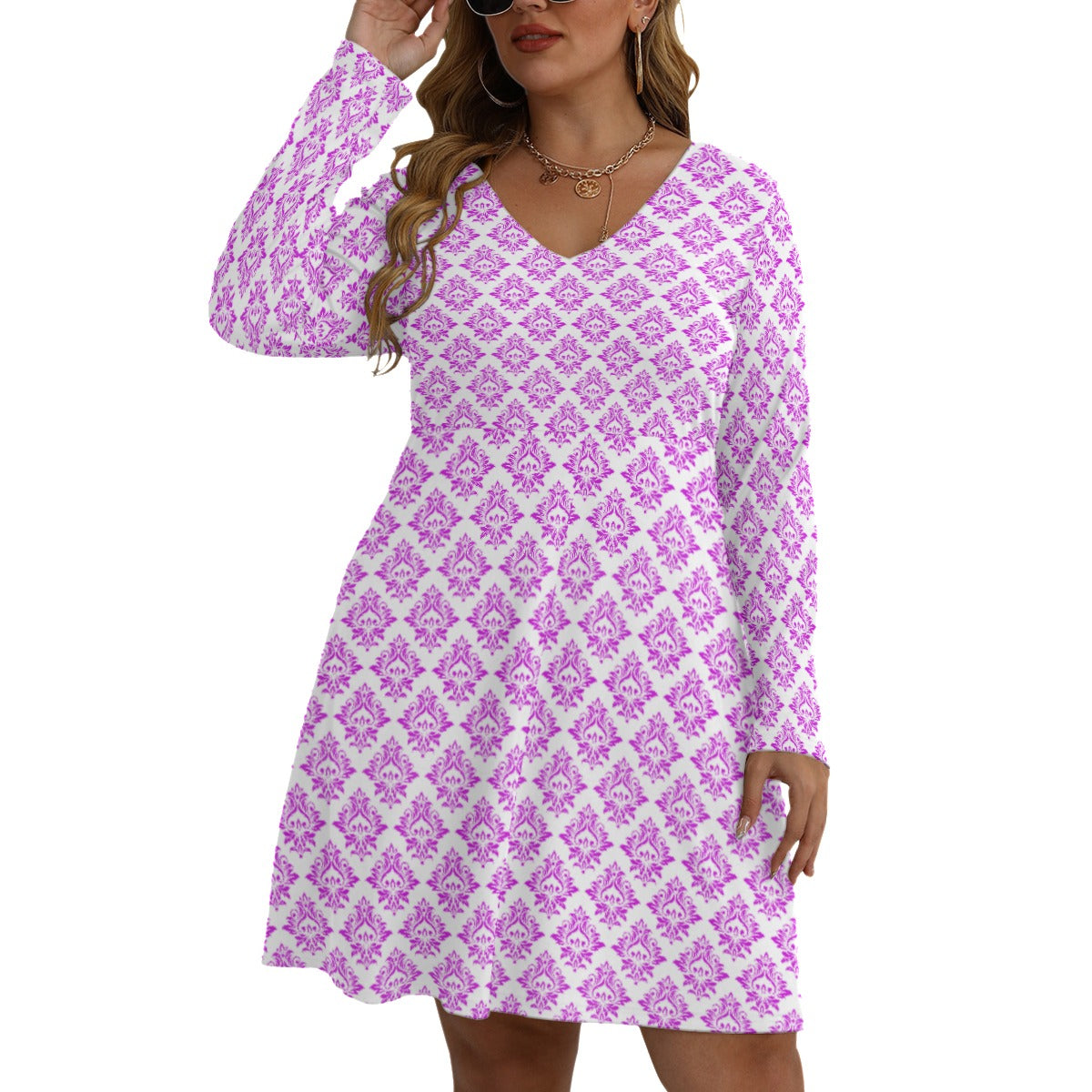 Royalty Made Purple & White Women's V-neck Long Sleeve Dress (Plus Size)