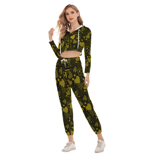 Black & Yellow Hearts Women's Crop Hoodie Sports Sets