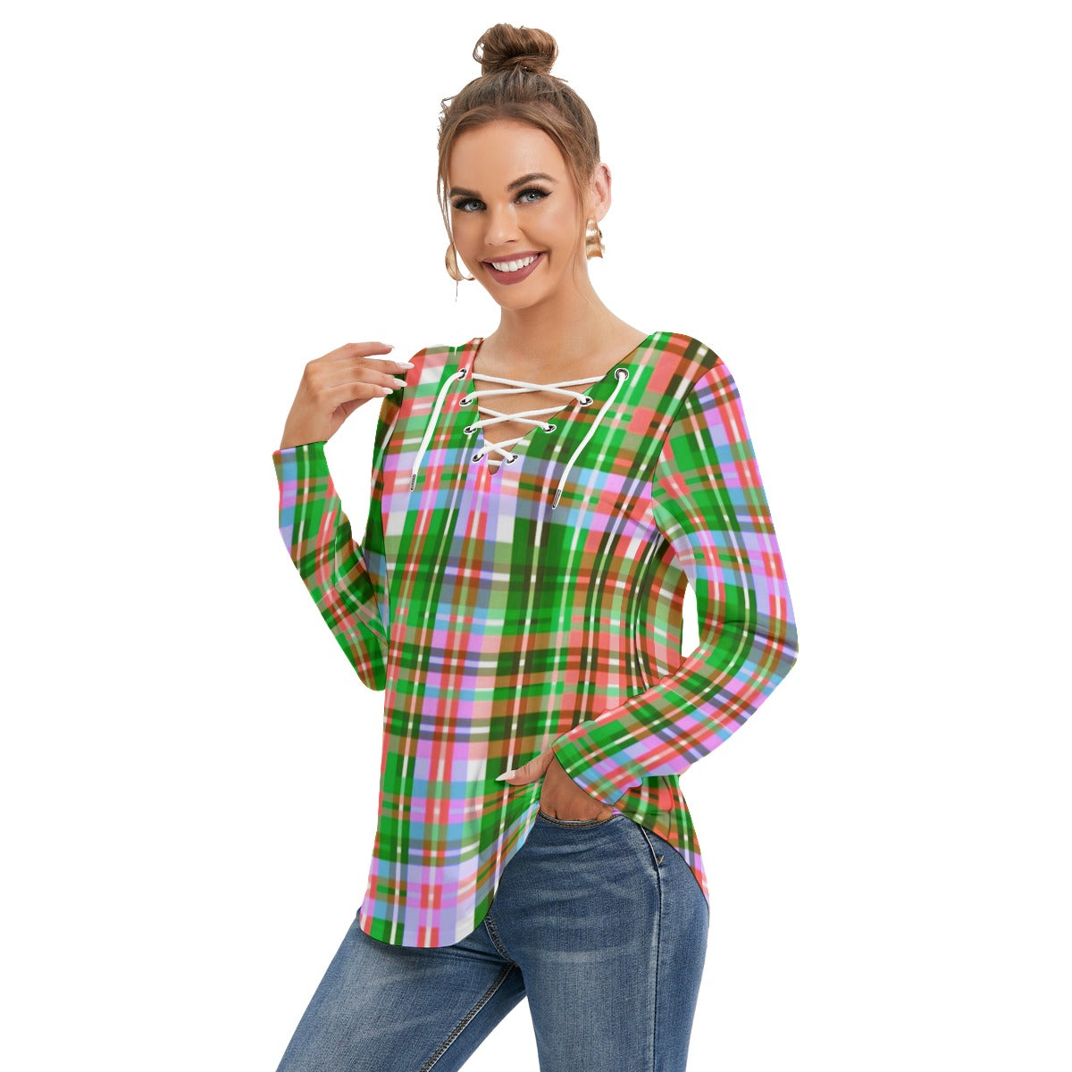 Women's Long Sleeve Colorful Plaid Neckline Tie Sweatshirt