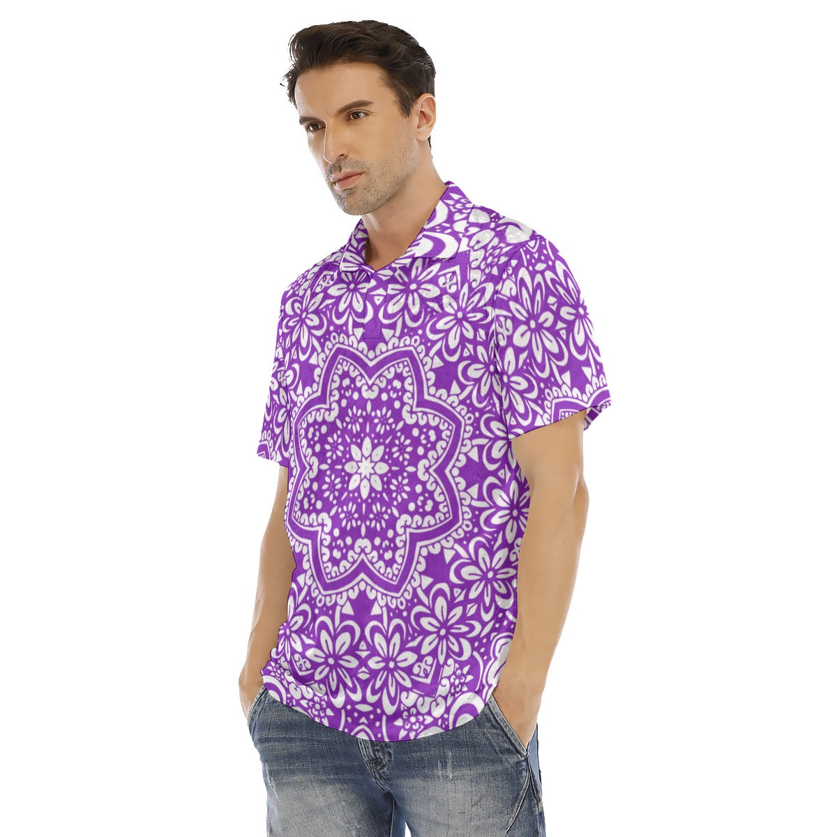 Purple Ethnic Flowers Men's Polo Shirt | Velvet