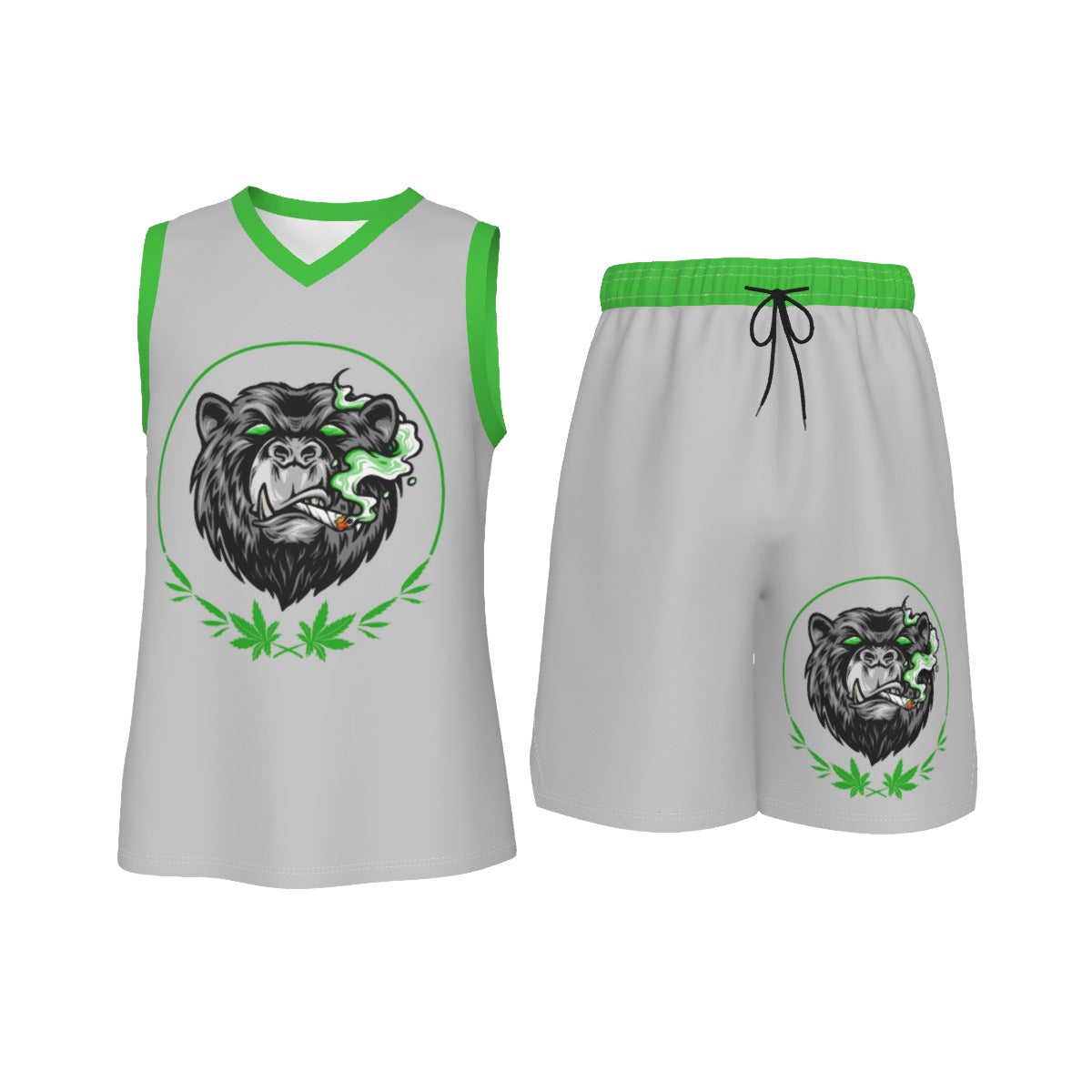 Stoners Only Grey & Green Smoking Bear Men's V Neck Basketball Suit