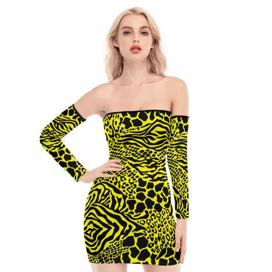 Yellow Bellafonte Animal Print Off-shoulder Back Lace-up Dress