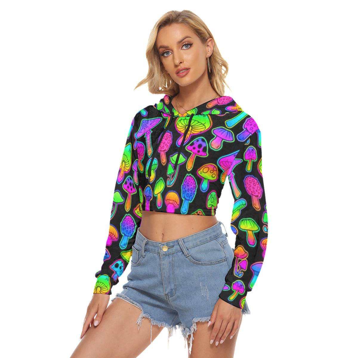 Colorful Trippy Shrooms Women's Crop Top Hoodie|Velvet