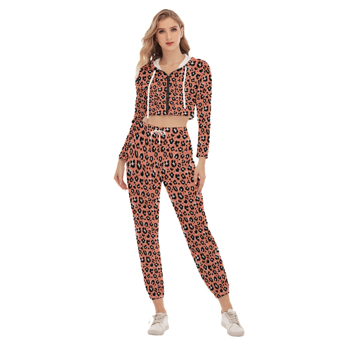 Bellafontes Peach & Black Animal Print Women's Crop Hoodie Sports Sets