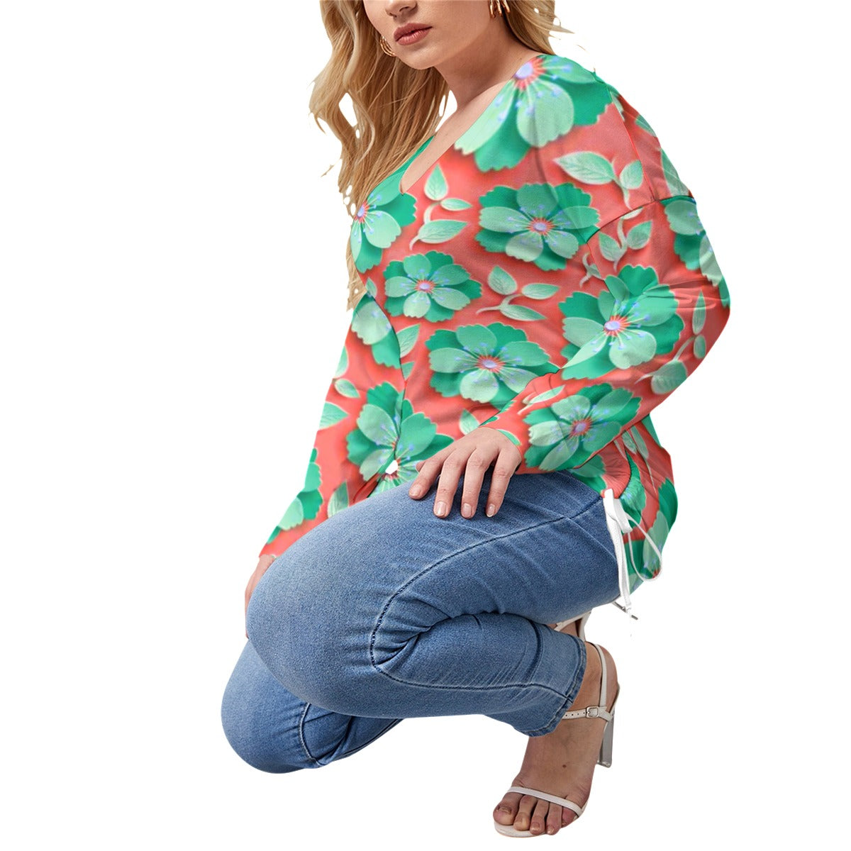 Red With Teal Cherry Blossoms Women’s V-neck T-shirt With Side Drawstring(Plus Size)