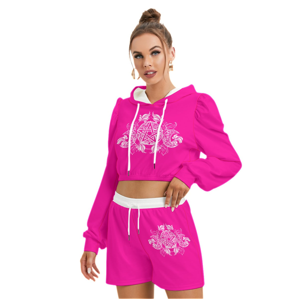 Pink & White Pentagram With Leaves Women's Mirco Fleece Hoodie And Shorts Set