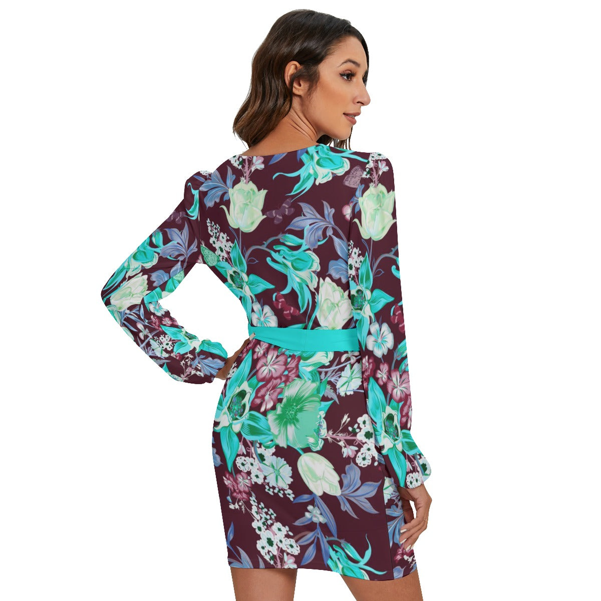 Watercolor Flowers Women's Long Sleeve Dress With Waist Belt