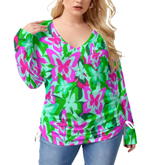 Colorful Butterflies Women’s V-neck T-shirt With Side Drawstring(Plus Size)