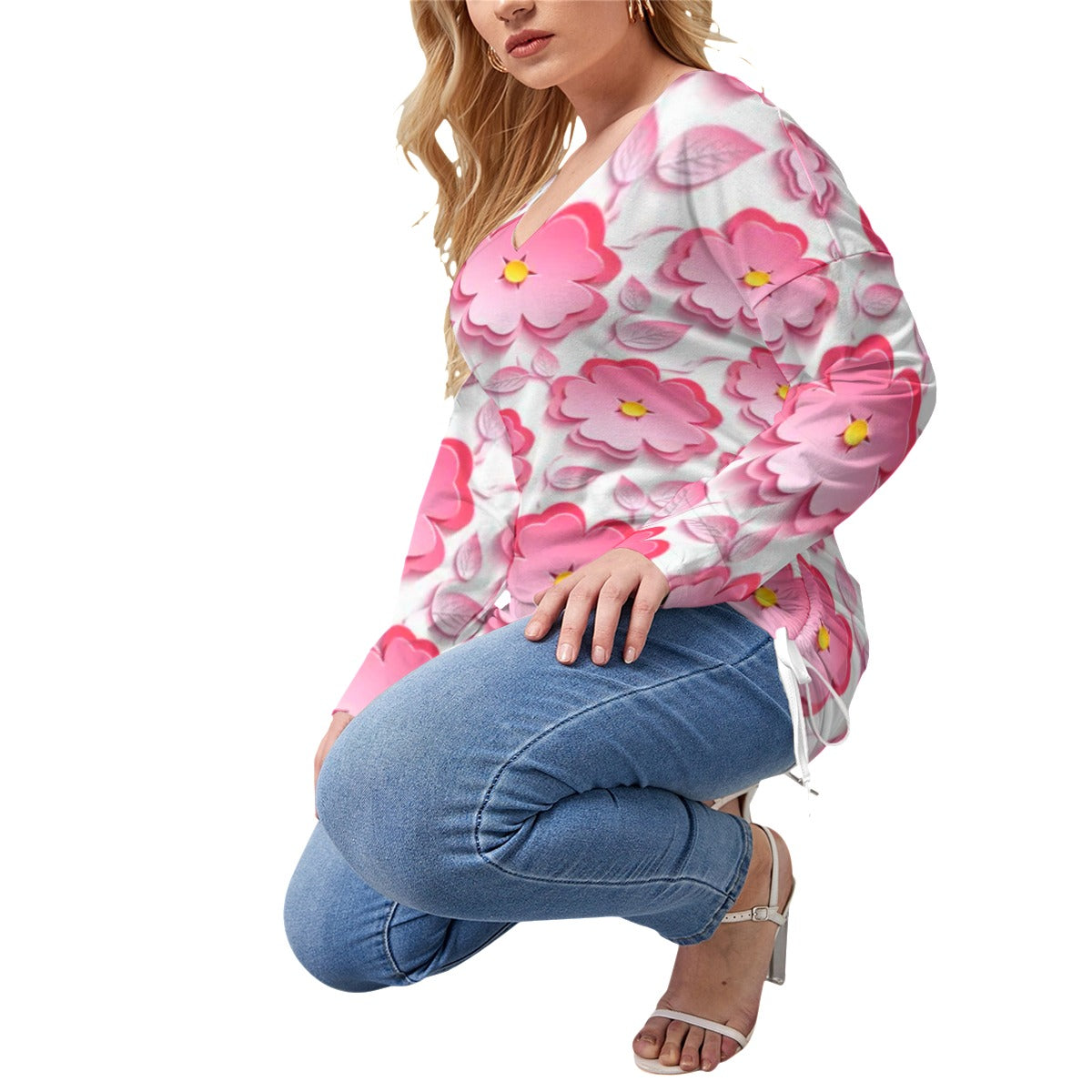 Pink Sakura Flowers & Leaves Women’s V-neck T-shirt With Side Drawstring(Plus Size)